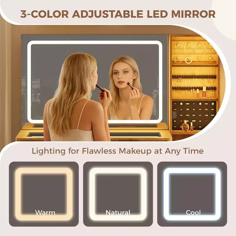 Coiffeuse avec miroir lumineux, coiffeuse avec station de recharge, coiffeuse à plateau en verre avec tabouret de rangement capitonné pour chambre à coucher