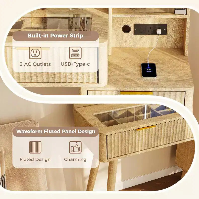 Coiffeuse avec miroir lumineux, coiffeuse avec station de recharge, coiffeuse à plateau en verre avec tabouret de rangement capitonné pour chambre à coucher