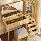 Coiffeuse avec miroir lumineux, coiffeuse avec station de recharge, coiffeuse à plateau en verre avec tabouret de rangement capitonné pour chambre à coucher