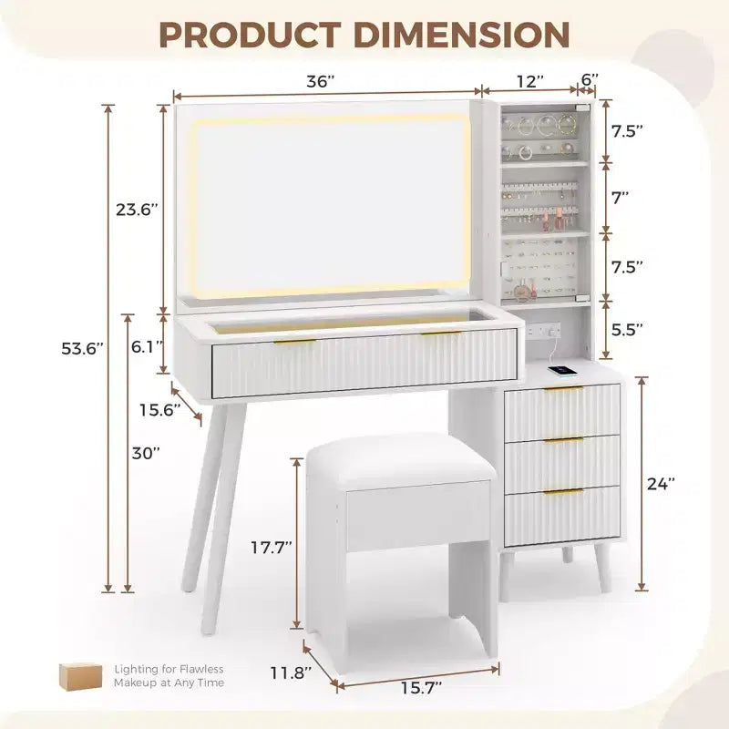 Coiffeuse avec miroir lumineux, coiffeuse avec station de recharge, coiffeuse à plateau en verre avec tabouret de rangement capitonné pour chambre à coucher