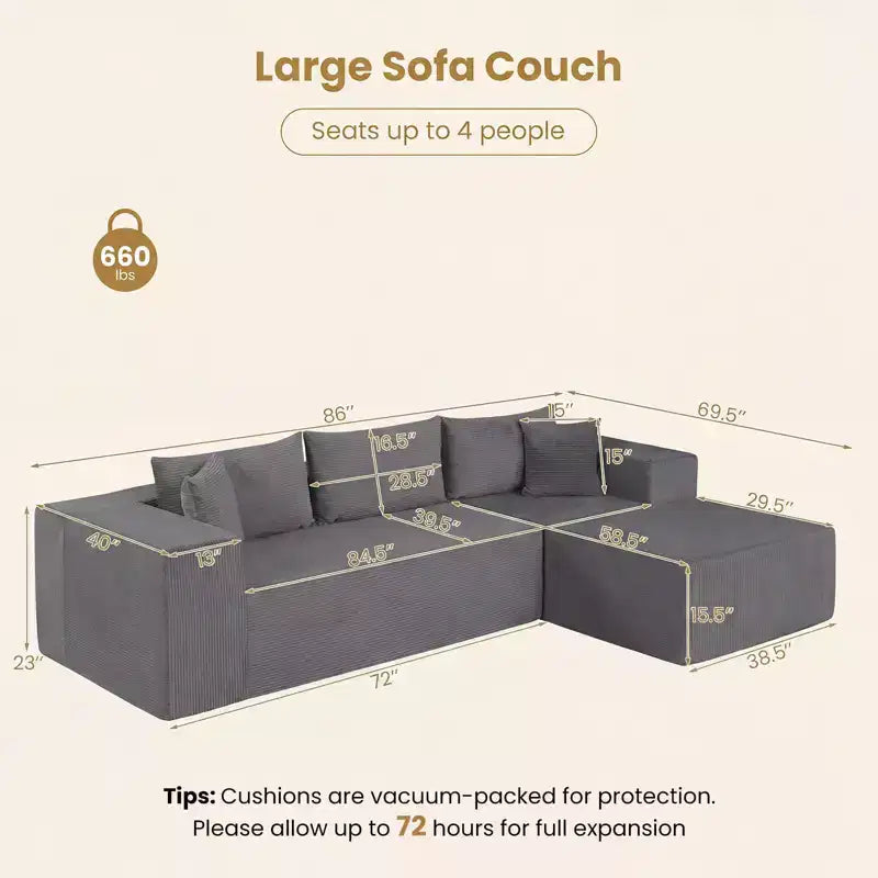 Costway Grand canapé modulaire 110,5 avec assises profondes et dossiers confortables, accoudoirs confortables Beige/Gris/Vert/Noir