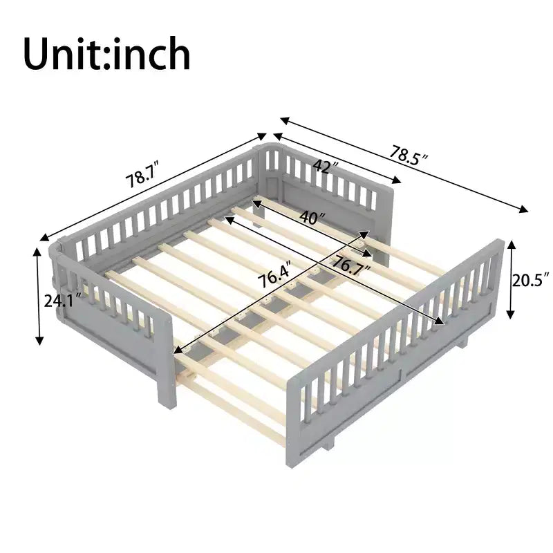 Lit plateforme double/double XL avec garde-corps, Cadre de lit plateforme en bois pour enfants, Peut être converti en lit plateforme double.