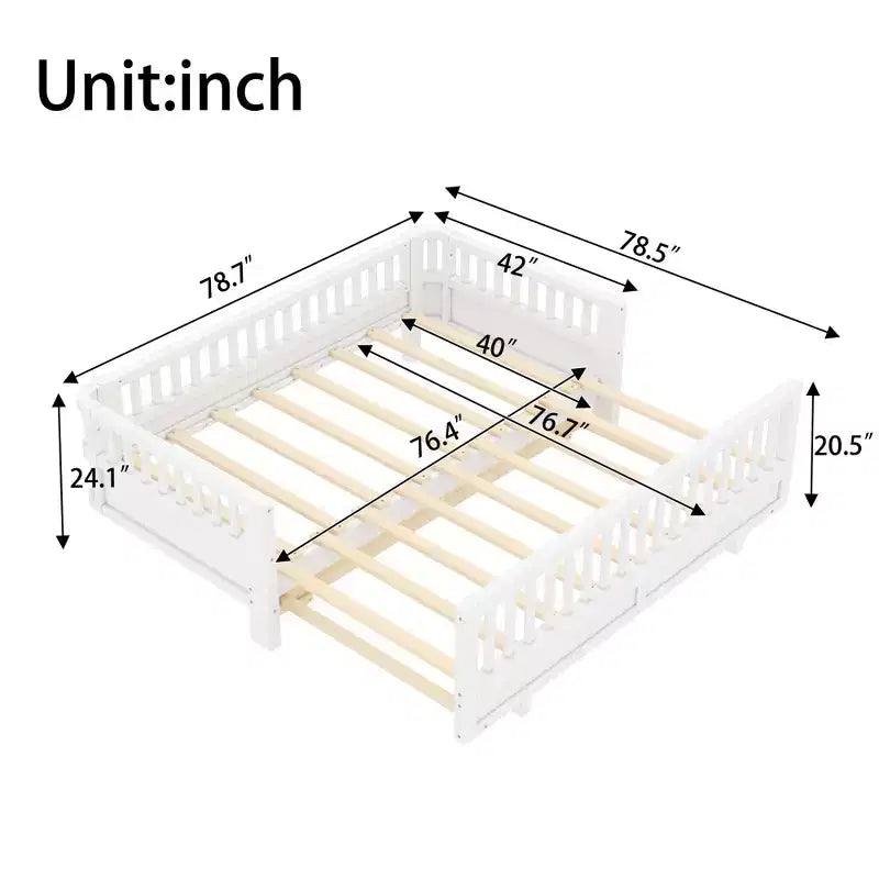 Lit plateforme double/double XL avec garde-corps, Cadre de lit plateforme en bois pour enfants, Peut être converti en lit plateforme double.