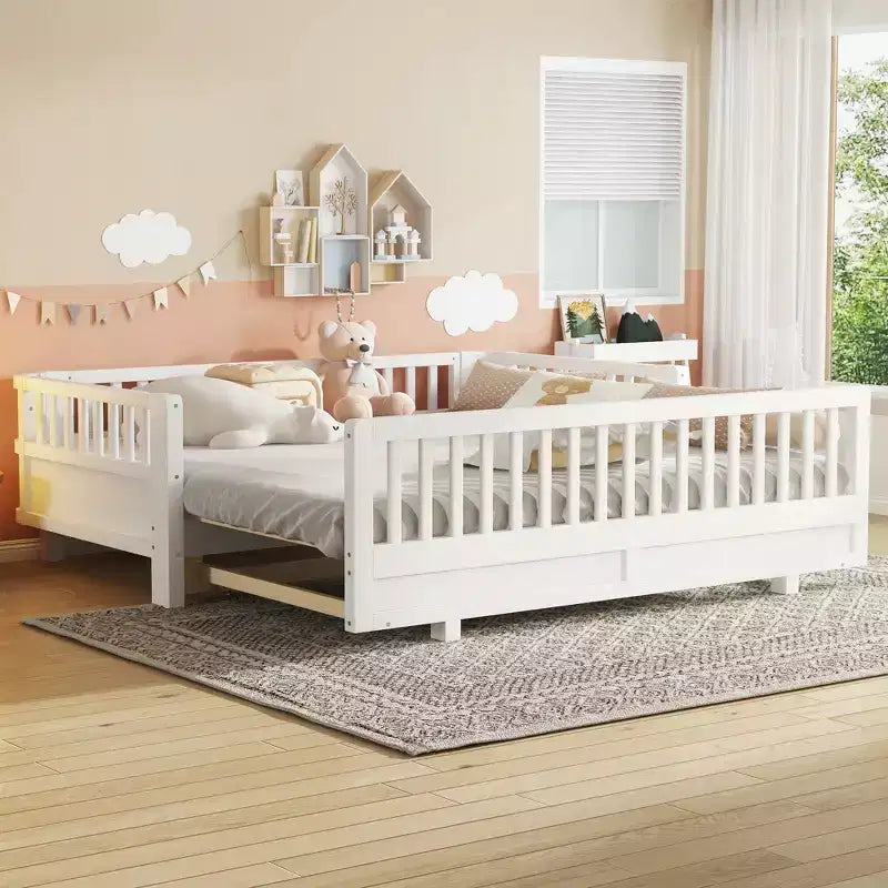 Lit plateforme double/double XL avec garde-corps, Cadre de lit plateforme en bois pour enfants, Peut être converti en lit plateforme double.