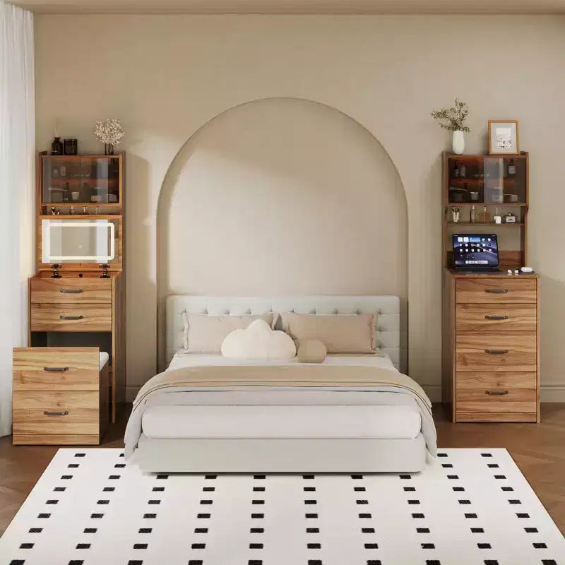Coiffeuse compacte 3 en 1 en noyer avec miroir LED, tabouret de rangement dissimulé, portes et tiroirs en acrylique, coiffeuse étroite pour petits espaces
