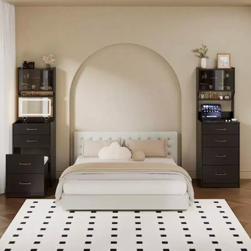 Coiffeuse compacte 3 en 1 en noyer avec miroir LED, tabouret de rangement dissimulé, portes et tiroirs en acrylique, coiffeuse étroite pour petits espaces