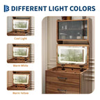 Coiffeuse compacte 3 en 1 en noyer avec miroir LED, tabouret de rangement dissimulé, portes et tiroirs en acrylique, coiffeuse étroite pour petits espaces