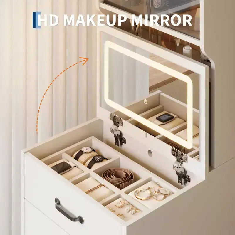 Coiffeuse compacte 3 en 1 en noyer avec miroir LED, tabouret de rangement dissimulé, portes et tiroirs en acrylique, coiffeuse étroite pour petits espaces