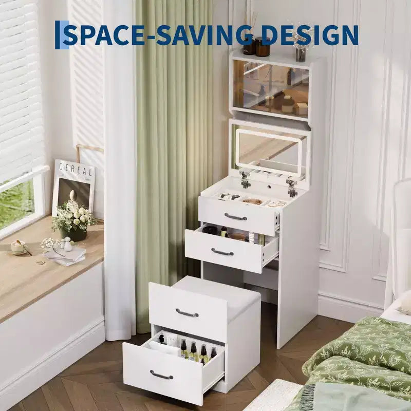 Coiffeuse compacte 3 en 1 en noyer avec miroir LED, tabouret de rangement dissimulé, portes et tiroirs en acrylique, coiffeuse étroite pour petits espaces