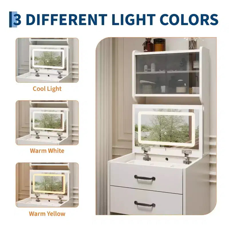 Coiffeuse compacte 3 en 1 en noyer avec miroir LED, tabouret de rangement dissimulé, portes et tiroirs en acrylique, coiffeuse étroite pour petits espaces