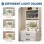 Coiffeuse compacte 3 en 1 en noyer avec miroir LED, tabouret de rangement dissimulé, portes et tiroirs en acrylique, coiffeuse étroite pour petits espaces