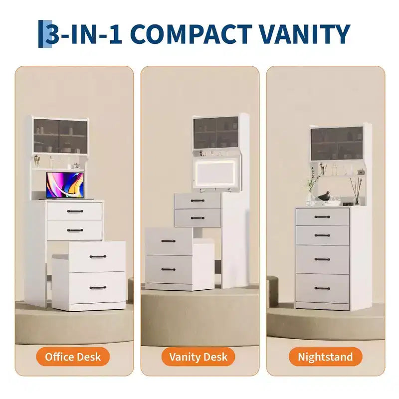 Coiffeuse compacte 3 en 1 en noyer avec miroir LED, tabouret de rangement dissimulé, portes et tiroirs en acrylique, coiffeuse étroite pour petits espaces