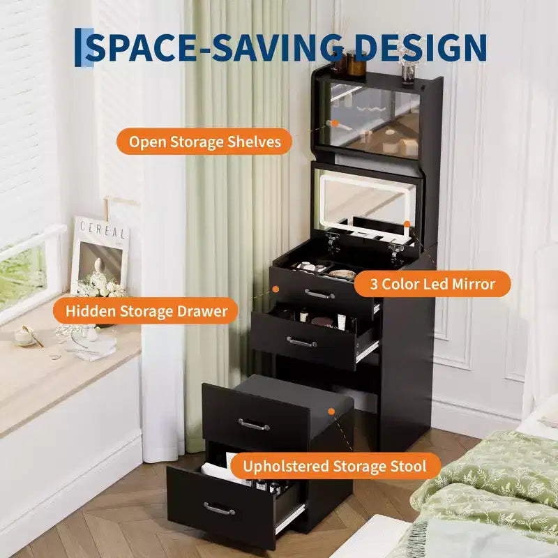 Coiffeuse compacte 3 en 1 en noyer avec miroir LED, tabouret de rangement dissimulé, portes et tiroirs en acrylique, coiffeuse étroite pour petits espaces