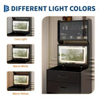 Coiffeuse compacte 3 en 1 en noyer avec miroir LED, tabouret de rangement dissimulé, portes et tiroirs en acrylique, coiffeuse étroite pour petits espaces