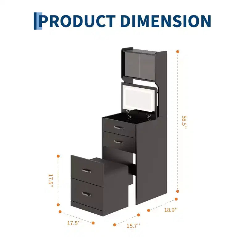Coiffeuse compacte 3 en 1 en noyer avec miroir LED, tabouret de rangement dissimulé, portes et tiroirs en acrylique, coiffeuse étroite pour petits espaces