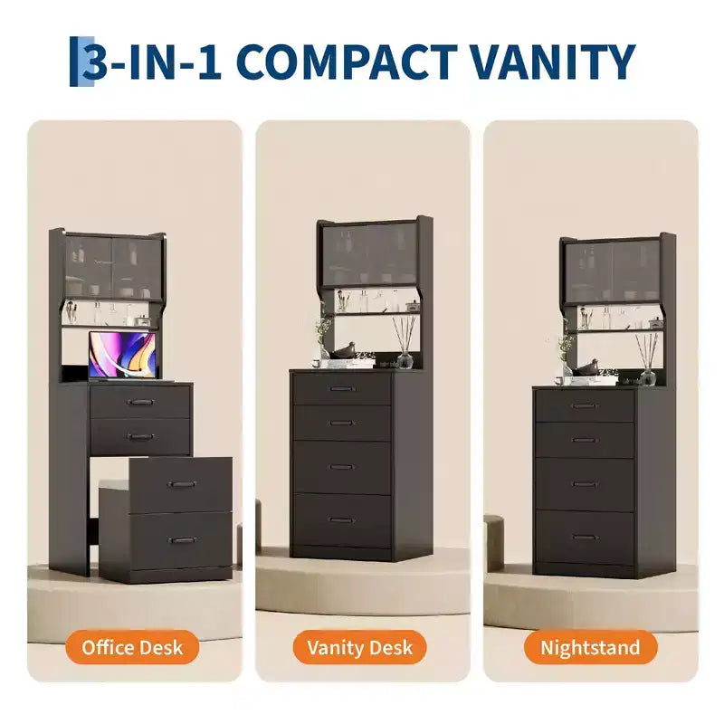 Coiffeuse compacte 3 en 1 en noyer avec miroir LED, tabouret de rangement dissimulé, portes et tiroirs en acrylique, coiffeuse étroite pour petits espaces