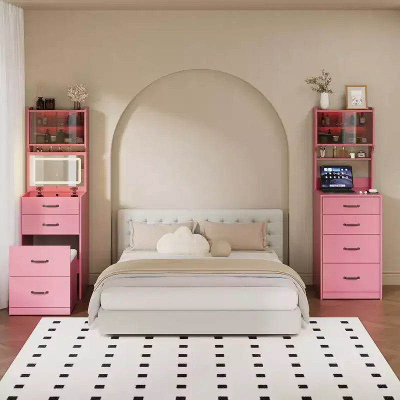 Coiffeuse compacte 3 en 1 en noyer avec miroir LED, tabouret de rangement dissimulé, portes et tiroirs en acrylique, coiffeuse étroite pour petits espaces