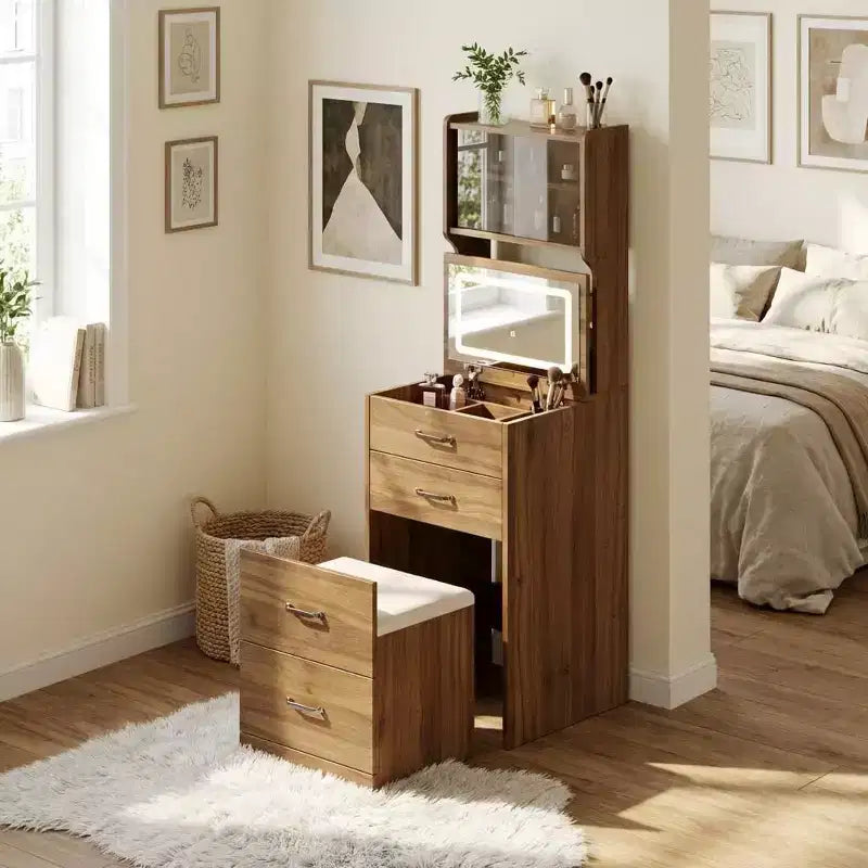 Coiffeuse compacte 3 en 1 en noyer avec miroir LED, tabouret de rangement dissimulé, portes et tiroirs en acrylique, coiffeuse étroite pour petits espaces