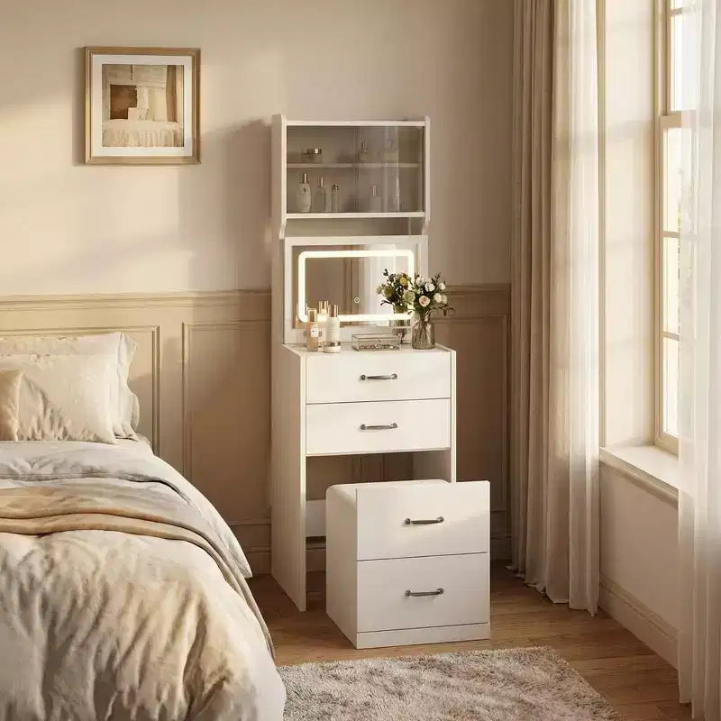 Coiffeuse compacte 3 en 1 en noyer avec miroir LED, tabouret de rangement dissimulé, portes et tiroirs en acrylique, coiffeuse étroite pour petits espaces