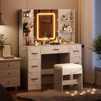 Coiffeuse de maquillage avec miroir lumineux et chaise, 7 tiroirs, prise de courant intégrée et support pour sèche-cheveux, ensemble de table de toilette moderne pour chambre à coucher