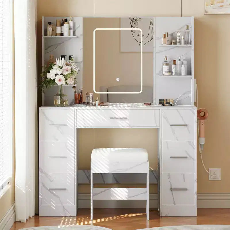 Coiffeuse de maquillage avec miroir lumineux et chaise, 7 tiroirs, prise de courant intégrée et support pour sèche-cheveux, ensemble de table de toilette moderne pour chambre à coucher