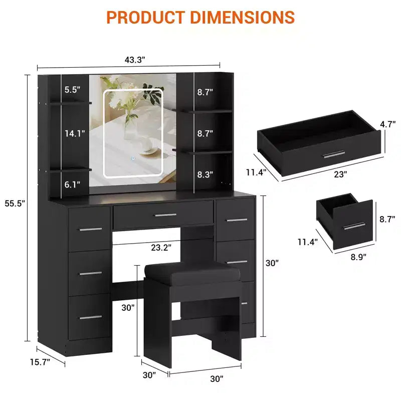 Coiffeuse de maquillage avec miroir lumineux et chaise, 7 tiroirs, prise de courant intégrée et support pour sèche-cheveux, ensemble de table de toilette moderne pour chambre à coucher