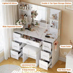 Coiffeuse de maquillage avec miroir lumineux et chaise, 7 tiroirs, prise de courant intégrée et support pour sèche-cheveux, ensemble de table de toilette moderne pour chambre à coucher