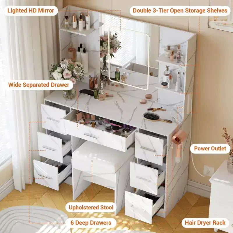 Coiffeuse de maquillage avec miroir lumineux et chaise, 7 tiroirs, prise de courant intégrée et support pour sèche-cheveux, ensemble de table de toilette moderne pour chambre à coucher