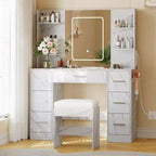 Coiffeuse de maquillage avec miroir lumineux et chaise, 7 tiroirs, prise de courant intégrée et support pour sèche-cheveux, ensemble de table de toilette moderne pour chambre à coucher