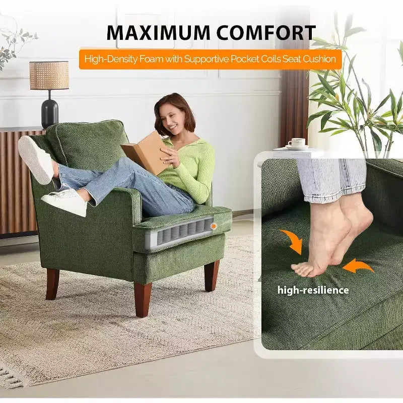 VINGLI Fauteuils d'appoint du milieu du siècle, fauteuil vert rembourré, chaise de lecture confortable, meubles de salon et chambre à dossier haut pour appartement