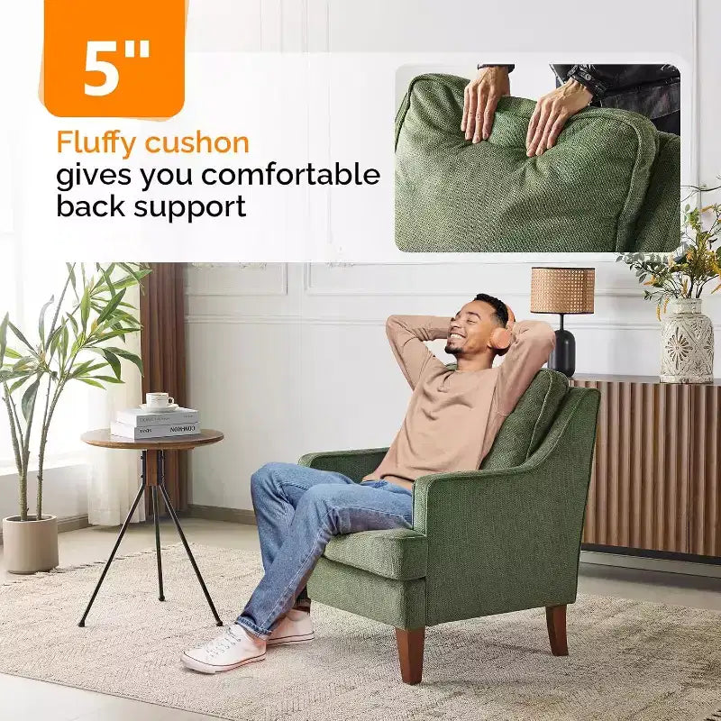 VINGLI Fauteuils d'appoint du milieu du siècle, fauteuil vert rembourré, chaise de lecture confortable, meubles de salon et chambre à dossier haut pour appartement