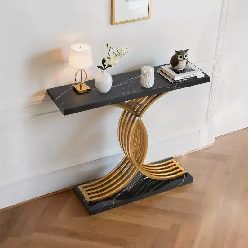 VEVOR Table Console Dorée 99 cm, Bureau Moderne Derrière le Canapé, Table d'Entrée Rectangulaire en Bois, Table d'Appoint Longue et Étroite avec Pieds, Noir et Or