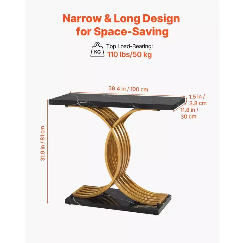 VEVOR Table Console Dorée 99 cm, Bureau Moderne Derrière le Canapé, Table d'Entrée Rectangulaire en Bois, Table d'Appoint Longue et Étroite avec Pieds, Noir et Or