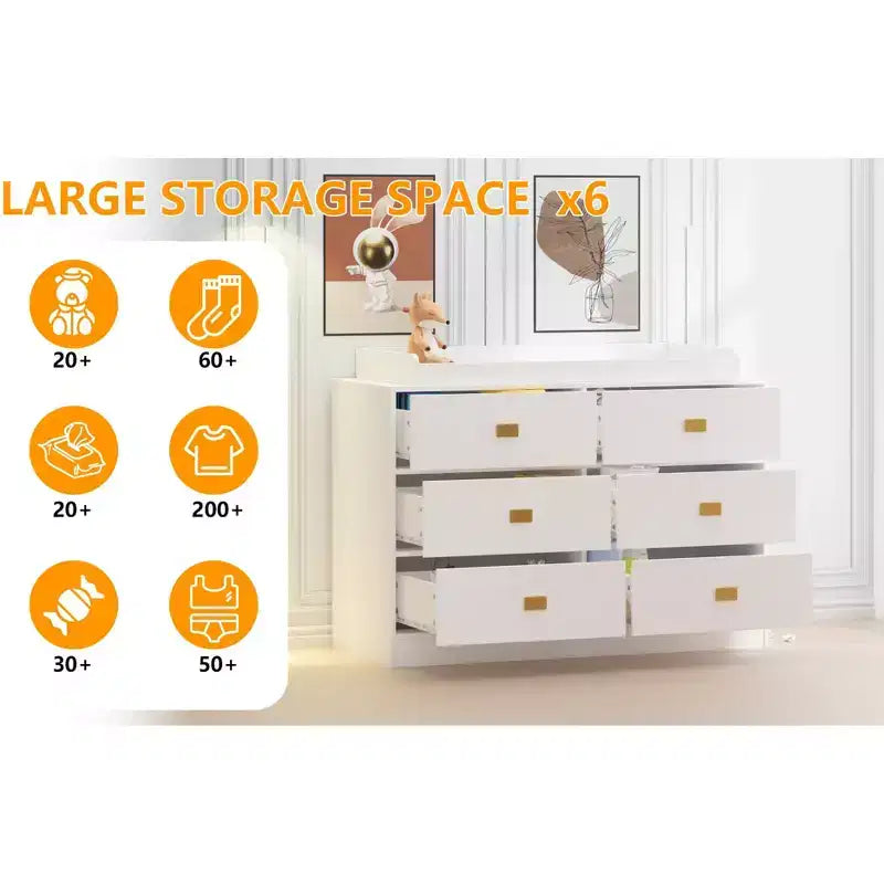 Commode à langer 6 tiroirs, commode de chambre de bébé et station à langer avec plateau amovible, matelas doux et rangement multifonctionnel