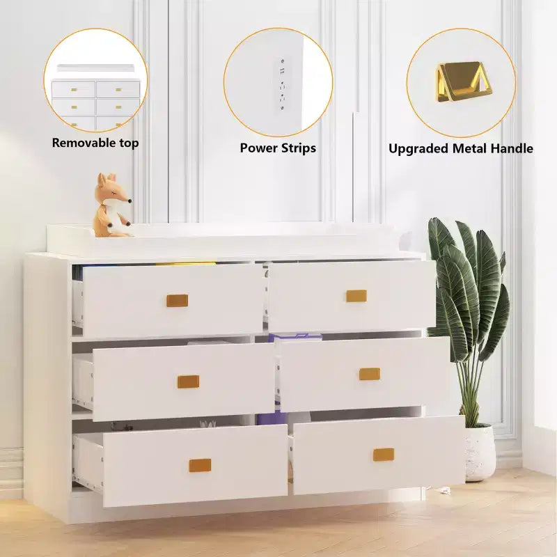 Commode à langer 6 tiroirs, commode de chambre de bébé et station à langer avec plateau amovible, matelas doux et rangement multifonctionnel