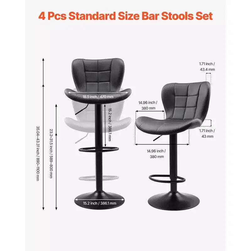 VEVOR Lot de 4 tabourets de bar, tabourets de comptoir modernes en cuir PU, tabourets de cuisine pivotants avec dossier et repose-pieds, hauteur réglable sans accoudoirs, noir