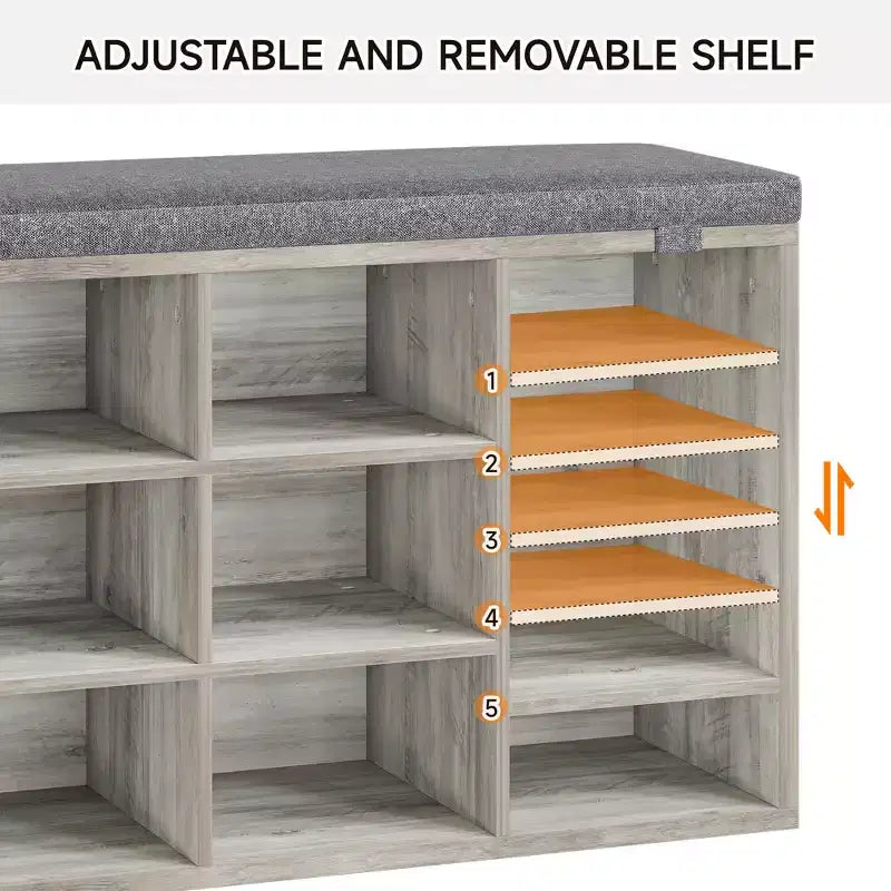 Banc à chaussures d'entrée multifonctionnel avec rangement et siège rembourré - Étagère réglable à 3 niveaux, 10 compartiments - Convient pour l'entrée, la chambre, le salon