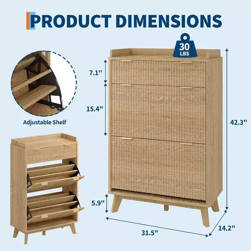 Meuble à chaussures encastrable moderne, adapté aux entrées, étagère à chaussures étroite de 122 cm de haut avec tiroirs de rangement, 2 tiroirs basculants et étagères réglables.