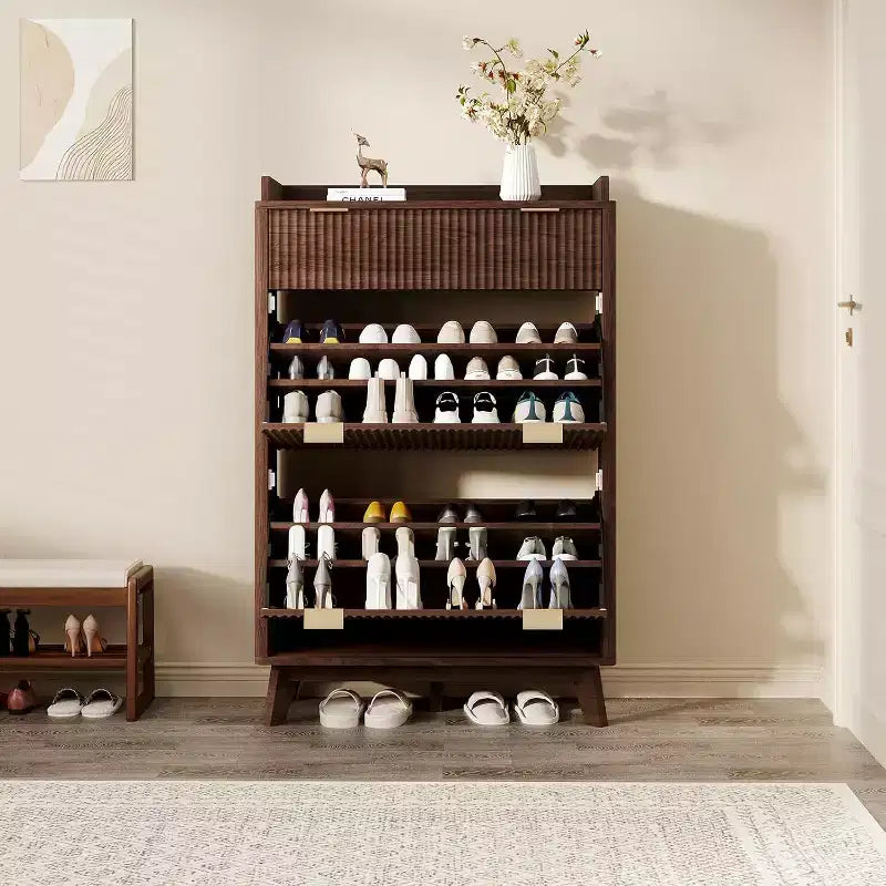 Meuble à chaussures encastrable moderne, adapté aux entrées, étagère à chaussures étroite de 122 cm de haut avec tiroirs de rangement, 2 tiroirs basculants et étagères réglables.