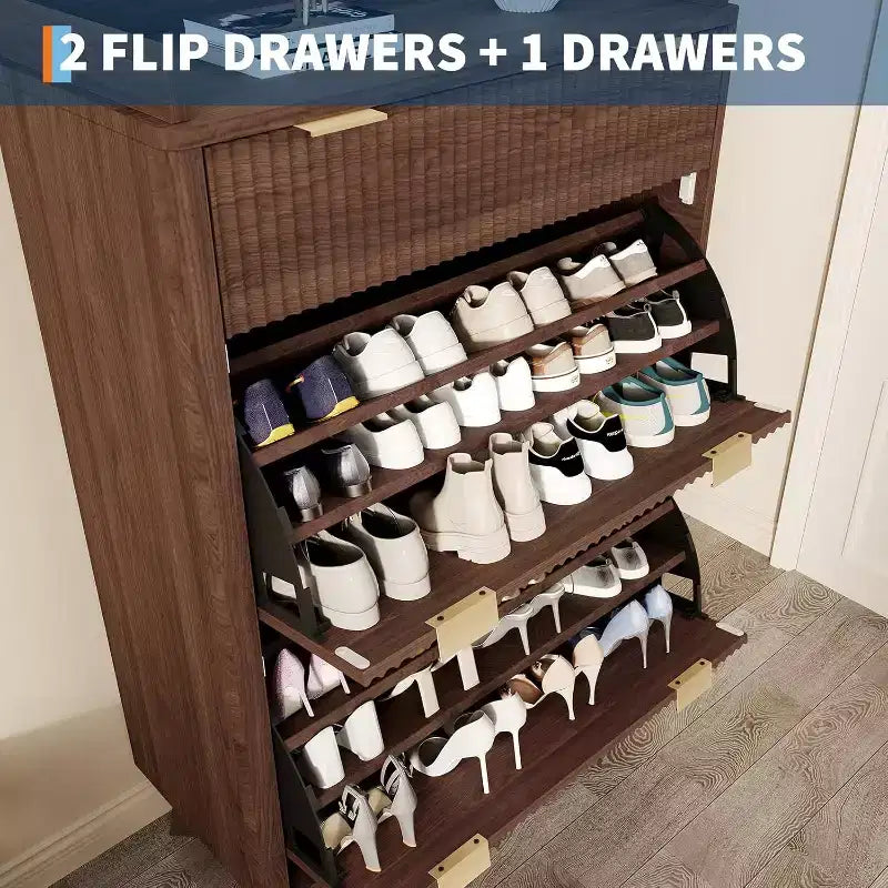Meuble à chaussures encastrable moderne, adapté aux entrées, étagère à chaussures étroite de 122 cm de haut avec tiroirs de rangement, 2 tiroirs basculants et étagères réglables.