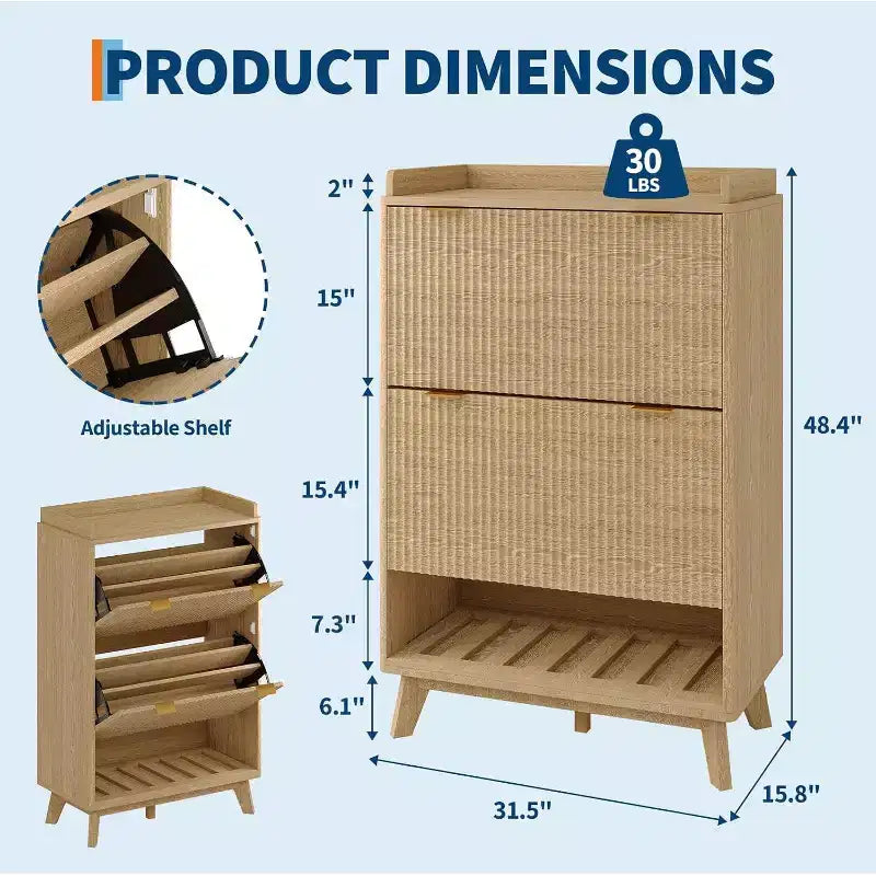 Meuble à chaussures encastrable étroit de 122 cm avec étagère inférieure ouverte, deux tiroirs basculants, des étagères réglables et un design incurvé.