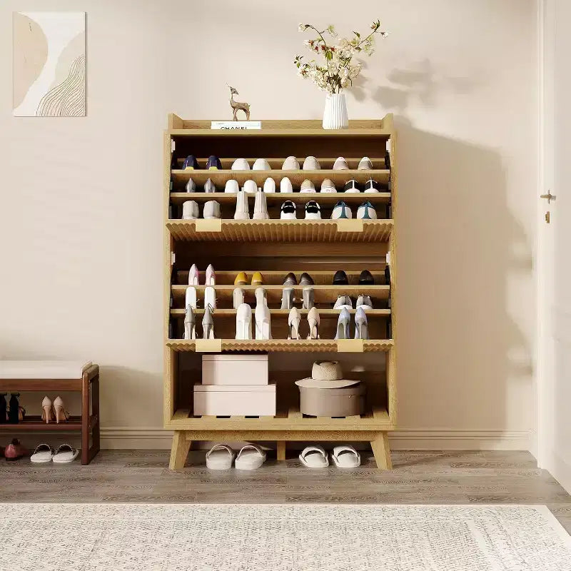 Meuble à chaussures encastrable étroit de 122 cm avec étagère inférieure ouverte, deux tiroirs basculants, des étagères réglables et un design incurvé.