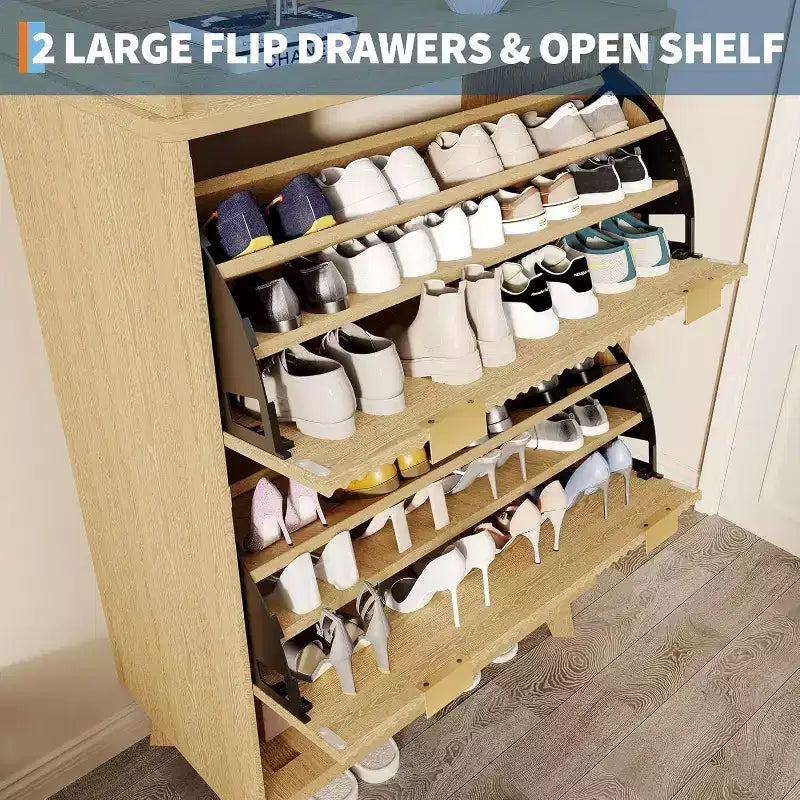Meuble à chaussures encastrable étroit de 122 cm avec étagère inférieure ouverte, deux tiroirs basculants, des étagères réglables et un design incurvé.
