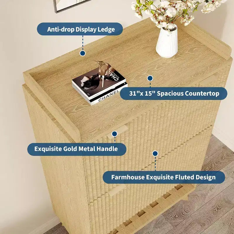 Meuble à chaussures encastrable étroit de 122 cm avec étagère inférieure ouverte, deux tiroirs basculants, des étagères réglables et un design incurvé.