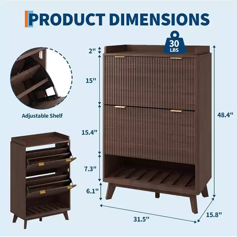 Meuble à chaussures encastrable étroit de 122 cm avec étagère inférieure ouverte, deux tiroirs basculants, des étagères réglables et un design incurvé.