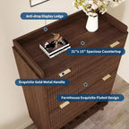 Meuble à chaussures encastrable étroit de 122 cm avec étagère inférieure ouverte, deux tiroirs basculants, des étagères réglables et un design incurvé.