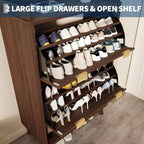 Meuble à chaussures encastrable étroit de 122 cm avec étagère inférieure ouverte, deux tiroirs basculants, des étagères réglables et un design incurvé.