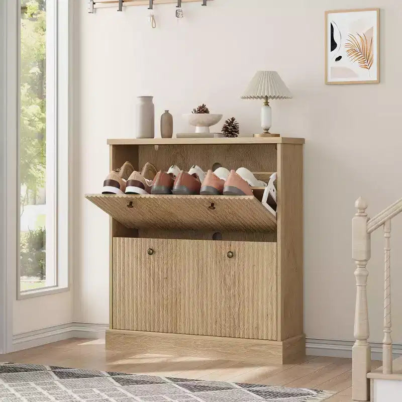 Meuble à chaussures avec 2 tiroirs pivotants - Meuble de rangement d'entrée étroit cannelé - Étagères réglables et amovibles - Organisateur de chaussures moderne autoportant