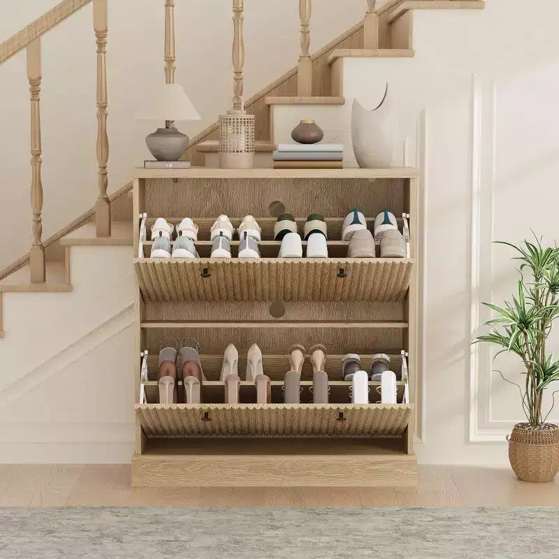 Meuble à chaussures avec 2 tiroirs pivotants - Meuble de rangement d'entrée étroit cannelé - Étagères réglables et amovibles - Organisateur de chaussures moderne autoportant