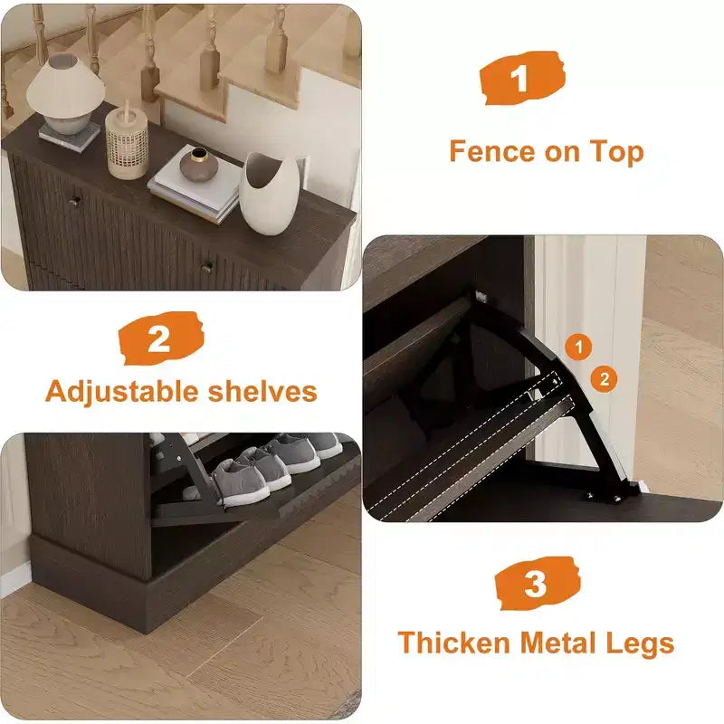 Meuble à chaussures avec 2 tiroirs pivotants - Meuble de rangement d'entrée étroit cannelé - Étagères réglables et amovibles - Organisateur de chaussures moderne autoportant